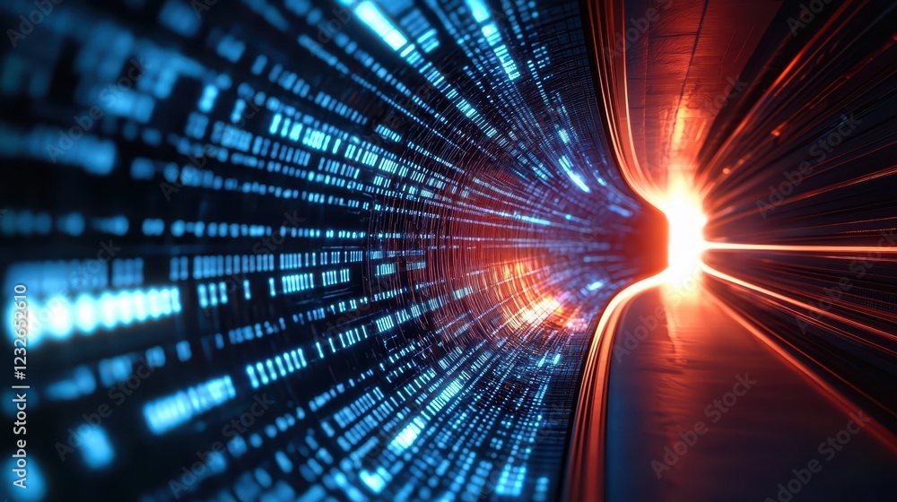 Poster abstract digital tunnel with glowing lights and data stream effects