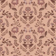 Seamless vector pattern with folk-style flowers in modern design. Trendy 2025 colors, elegant floral motifs, decorative elements, perfect for textiles, wallpapers, packaging, and branding