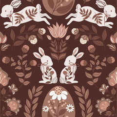 Seamless vector pattern with Easter eggs, bunnies, and folk-style flowers in a modern design. Trendy 2025 colors, perfect for textiles, wallpapers, gift wrapping, packaging, and festive decor