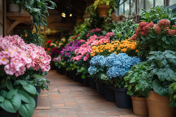 flower shop indoor pots with lots of blooming