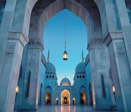 Generative ai of a glowing mosque on a Ramadan night with a sky full of stars and lantern lights lighting the way.
