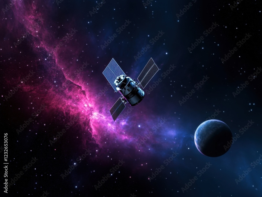 Wall mural satellite orbiting a colorful nebula and planet in outer space