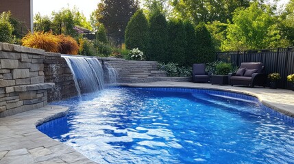 Backyard pool with waterfall, patio furniture, lush garden