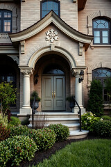 Elegant Home Exterior: Brick Facade, Classic Columns, and Landscaped Garden