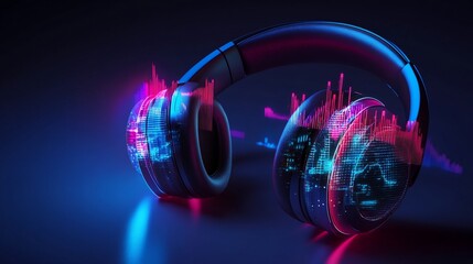 Neon headphones display music data, dark studio, digital audio visualization, tech ad
