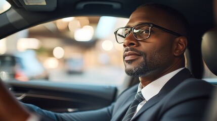 Confident businessman with glasses driving a car in an urban setting during evening lights
