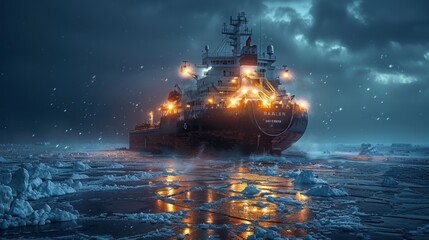 Obraz premium A powerful icebreaker moves through frozen seas, its lights reflecting on the icy surface. Dark clouds loom overhead as snowflakes gently fall, creating a stark winter atmosphere.