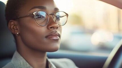 Confident woman wearing glasses driving a car with natural daylight background