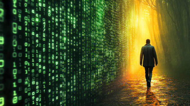 Man's figure walking in environment created of digital and natural details