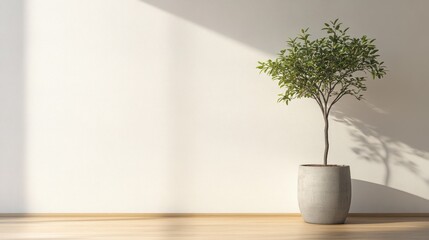 Minimalist room, potted plant, sunlight, wood floor, interior design