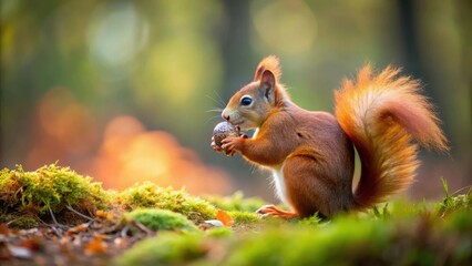 Fototapeta premium Tiny red squirrel holding acorn close-up on forest floor , wildlife, tree