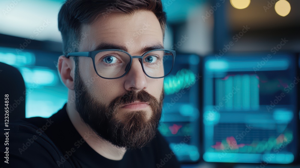 Poster serious man analyzing data with computer screens in background