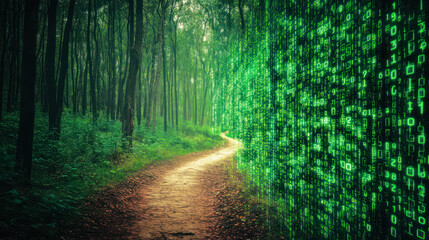 Naklejka premium Path in natural and digital forest, convergence of nature and technology