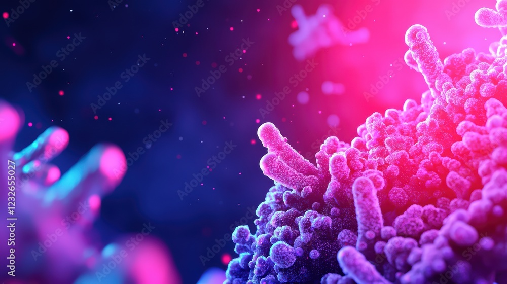 Poster microscopic view of colorful bacteria in abstract digital space