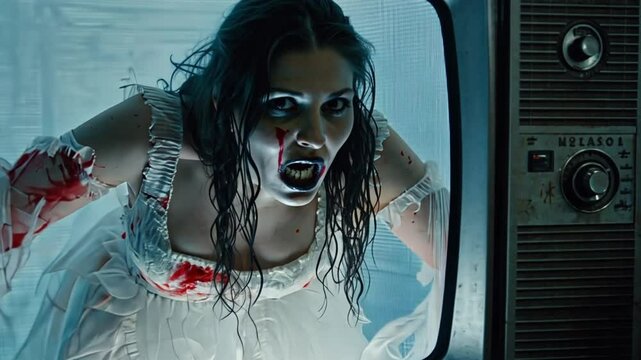 Dark Horror Mystery Danger Horror film. Old tv screen with zombie woman close-up. Creepy dead bride wearing wedding dress with veil. Bloody scary smile
