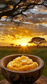 Golden sunrise illuminates a bowl of shea butter in an African savanna landscape