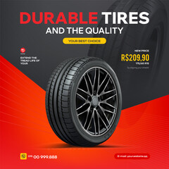 Tyre banner or poster. Car black rubbe wheel with rim.	