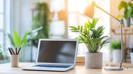 Laptop, plant, desk lamp on wooden desk in bright room.