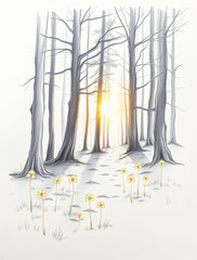 Golden sunlight filters through tall trees, illuminating a tranquil forest path blanketed in shadows and adorned with delicate flowers