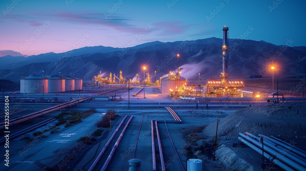 Poster at dusk, an oil refinery is illuminated by bright lights against a backdrop of mountains. pipelines 