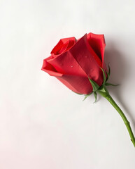 Elegant red rose with dew droplets against a soft white background for a romantic setting