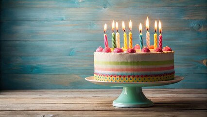 Vintage birthday cake with fondant decoration and colorful candles, font style, celebratory