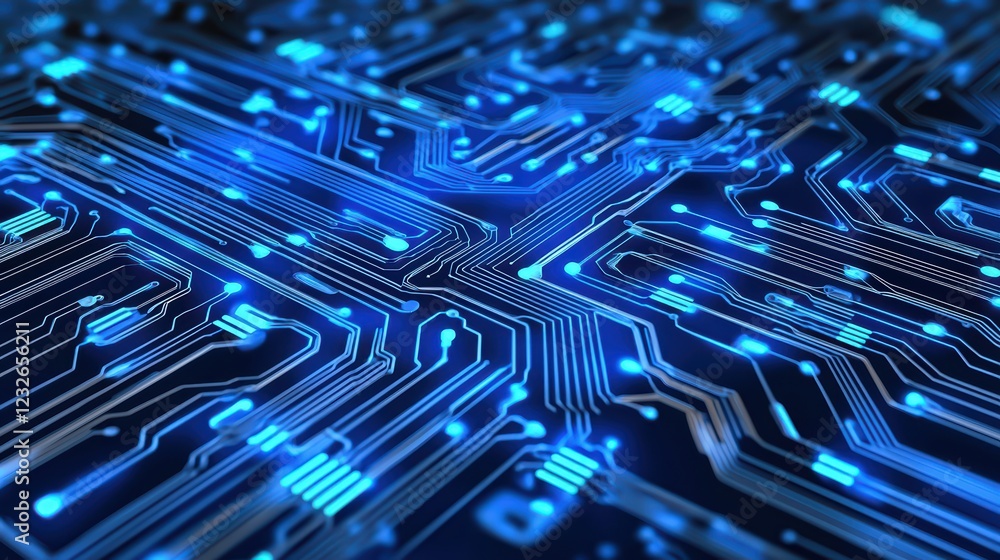 Poster intricate blue circuit board pattern with glowing lines and nodes