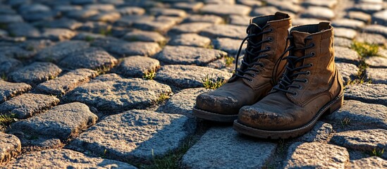 Worn leather boots on cobblestone street, sunset background; travel blog