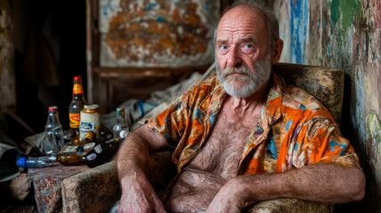 Old alcoholic man in his shabby poor apartment, severe dependence