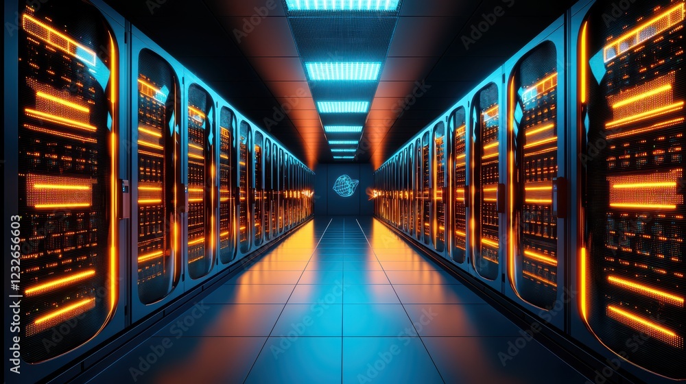 Poster futuristic data center with bright lights and rows of servers
