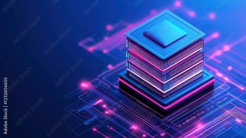 Poster modern computer chip design with glowing digital circuitry