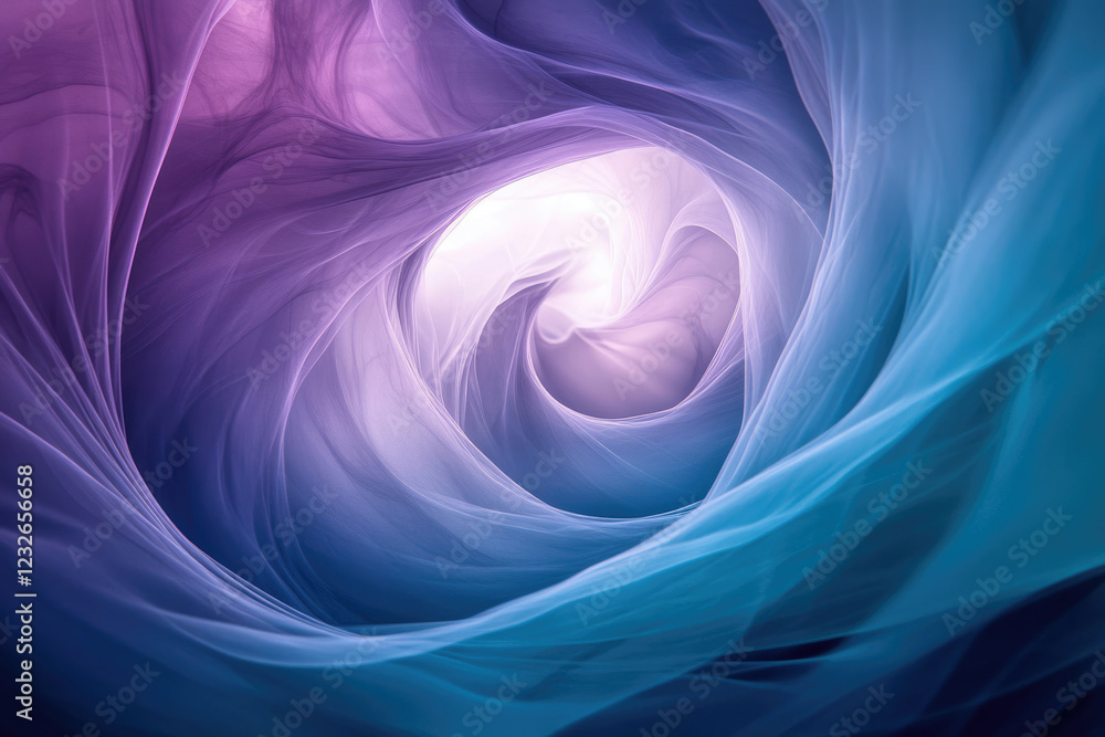 Poster abstract swirling vortex of purple and teal flowing fabric, creating a mesmerizing, ethereal tunnel.
