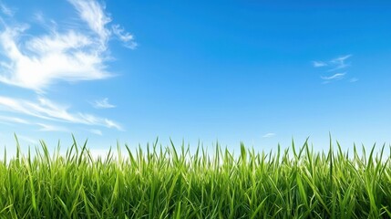 Fototapeta premium Lush Green Grass Under a Bright Blue Sky with Fluffy Clouds