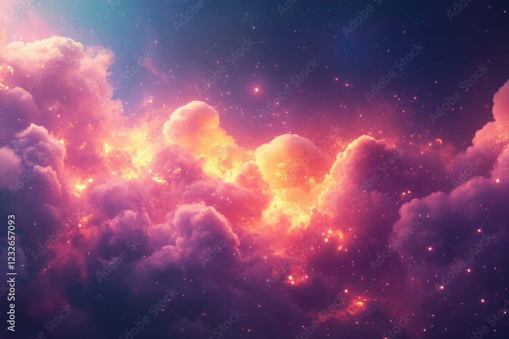 Poster vibrant pink and orange cloudscape with embedded stars, resembling a celestial nebula.