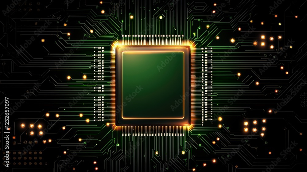 Poster abstract image of circuit board with central microchip and lights