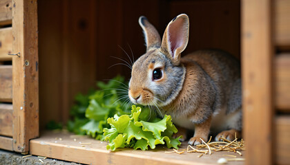 Obraz premium Adorable Brown Rabbit Eating Fresh Lettuce in Wooden Hutch