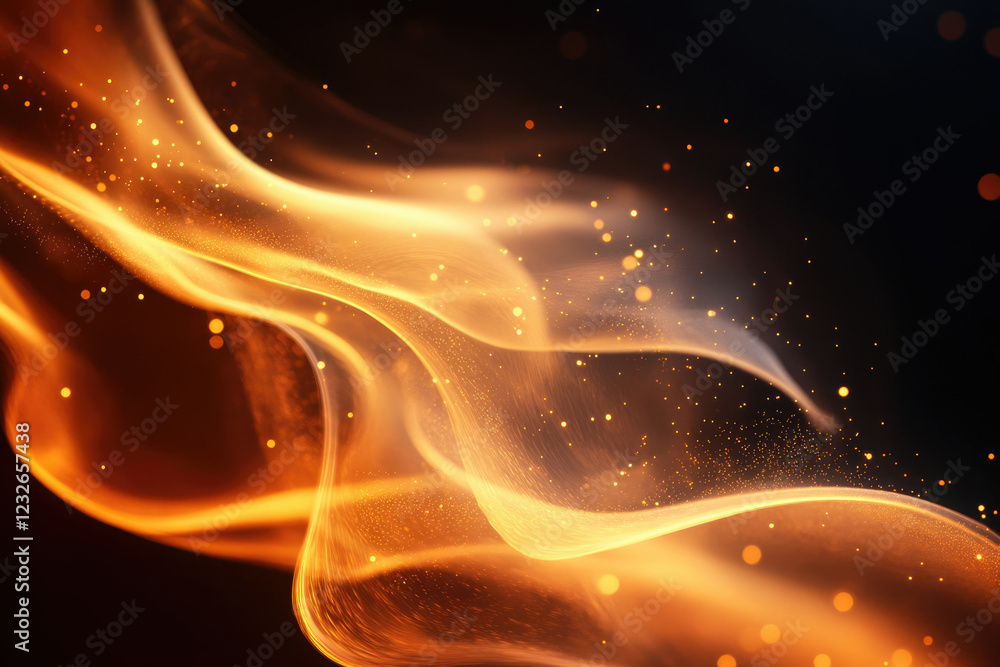Poster abstract fiery orange wave with glittering particles on a dark background.
