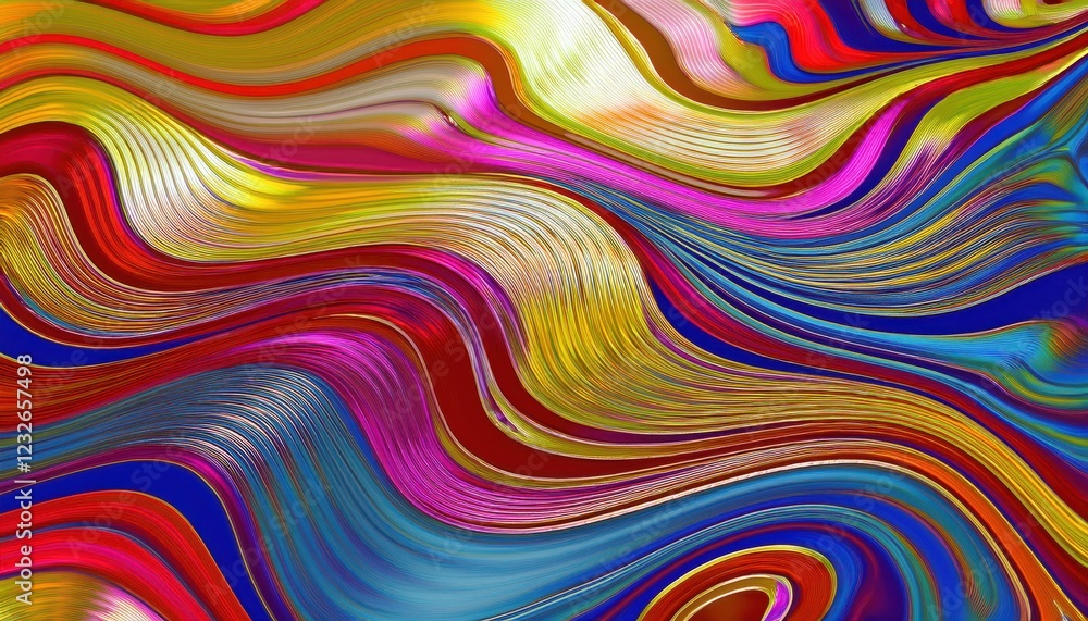 Poster vibrant abstract wave of colorful, metallic patterns against a dynamic backdrop, showcasing intricat