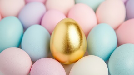 Colorful Pastel Eggs with a Shiny Golden Egg in the Center