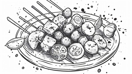 Exquisite Black and White Tanghulu Traditional Chinese Dessert Illustration for Culinary Design Projects