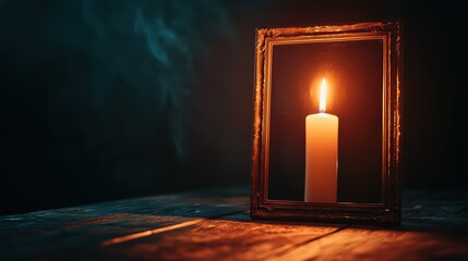 Candle Reflected in Mirror with Soft Glow and Dark Background