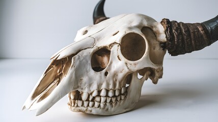 Obraz premium Highly Detailed Close-Up of a Bison Skull with Intricate Bone Textures on a Clean White Background 