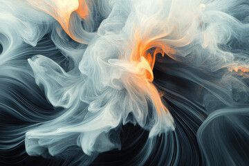 Abstract swirling clouds of white, grey, and orange hues create a mesmerizing, ethereal artwork.