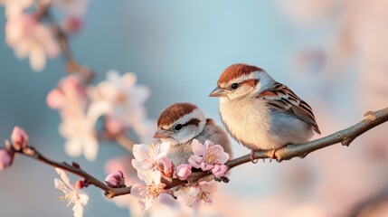  Adorable Sparrow Chicks Resting Among Blooming Pink trees Blossoms on a Sunny Spring Day in a Garden. spring time concept, copy space