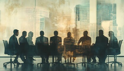 Businesspeople Silhouetted Against Cityscape During Meeting