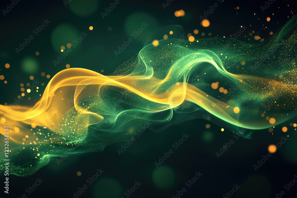 Poster Abstract artwork depicting flowing green and gold particles, creating a dynamic and ethereal visual.