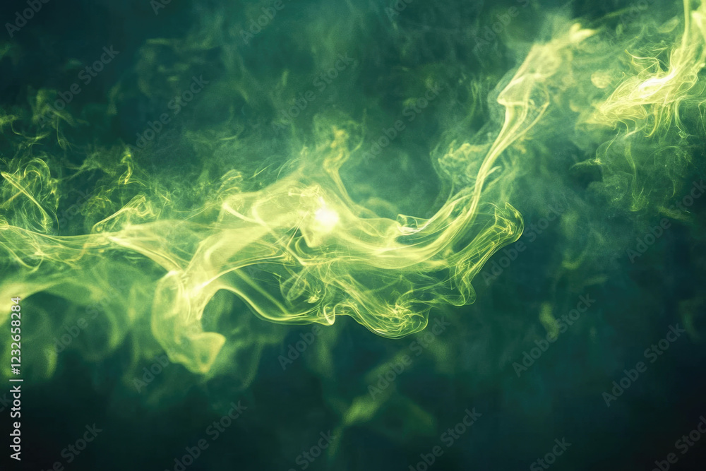 Poster abstract image of swirling green and yellow smoke, creating a mystical and ethereal atmosphere.