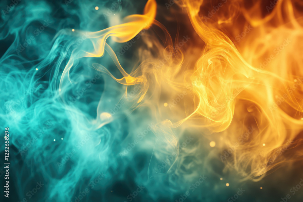 Aufkleber Abstract image of teal and orange smoke swirling together, creating a dynamic and ethereal visual.