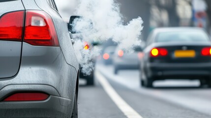 Vehicle Emitting Exhaust Smoke in Urban Traffic on a Gloomy Day