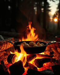 Cooking potatoes over an open fire while sunset paints the sky with vibrant hues in a tranquil forest setting